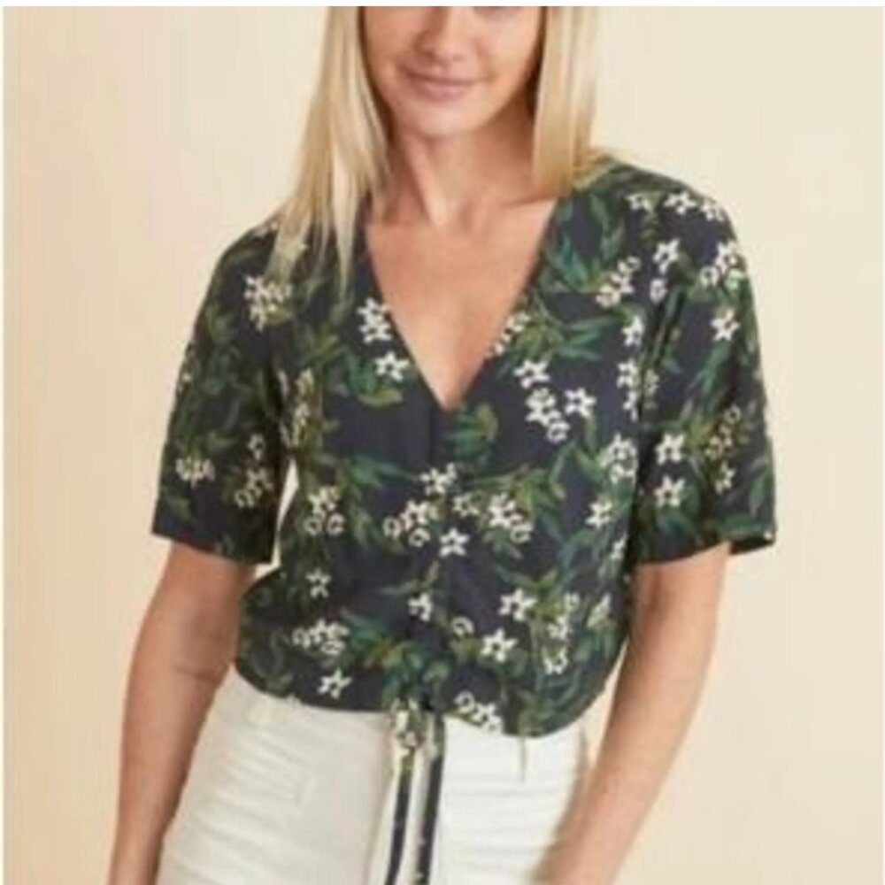 Marine Layer Navy Floral Ruched Blouse V-Neck Short Sleeve Size S